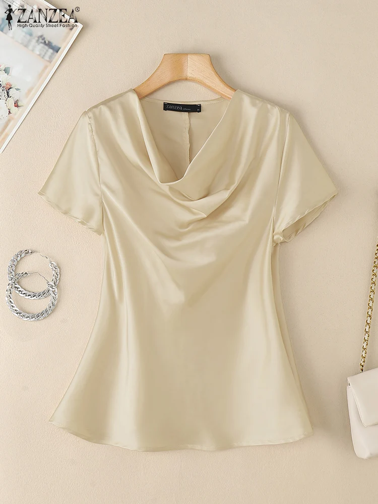 ZANZEA décontracté Satin hauts de fête femme col bénitier 2025 mode Style coréen Blouses élégant à manches courtes couleur unie Blusas Mujer