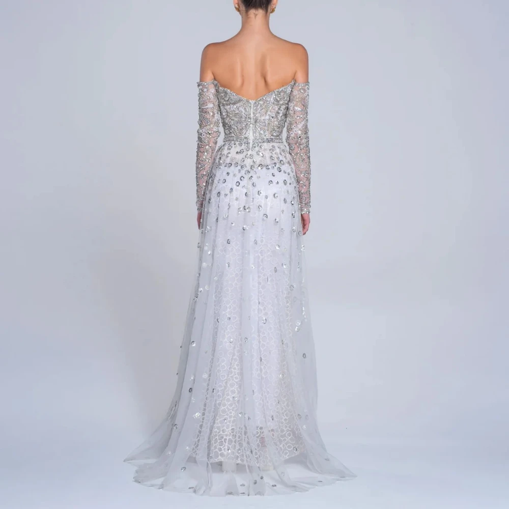 

Gorgeous Silver Grey Crystal Beaded Evening Gown Off Shoulder with Sheer Sleeves for Red Carpet & Formal Occasions Customized