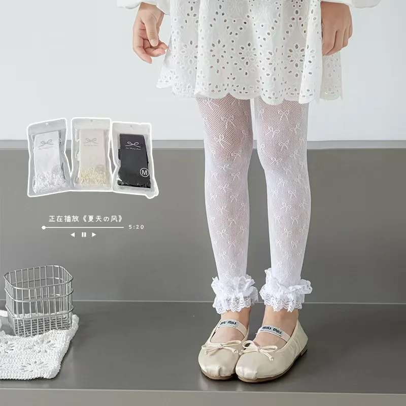 Baby Girl Mesh Leggings Lolita Style Fully Bow Pattern Summer Ultra-thin Lace Nylon Fishnet Tights for Children Lace Pantyhose