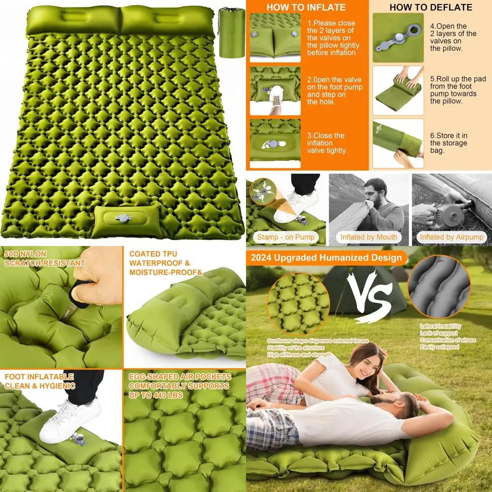 

Сверхлегкий двойной спальный коврик: самонадувающийся коврик толщиной 4 дюйма для двоих со встроенной подушкой и ножным насосом для кемпинга на открытом воздухе