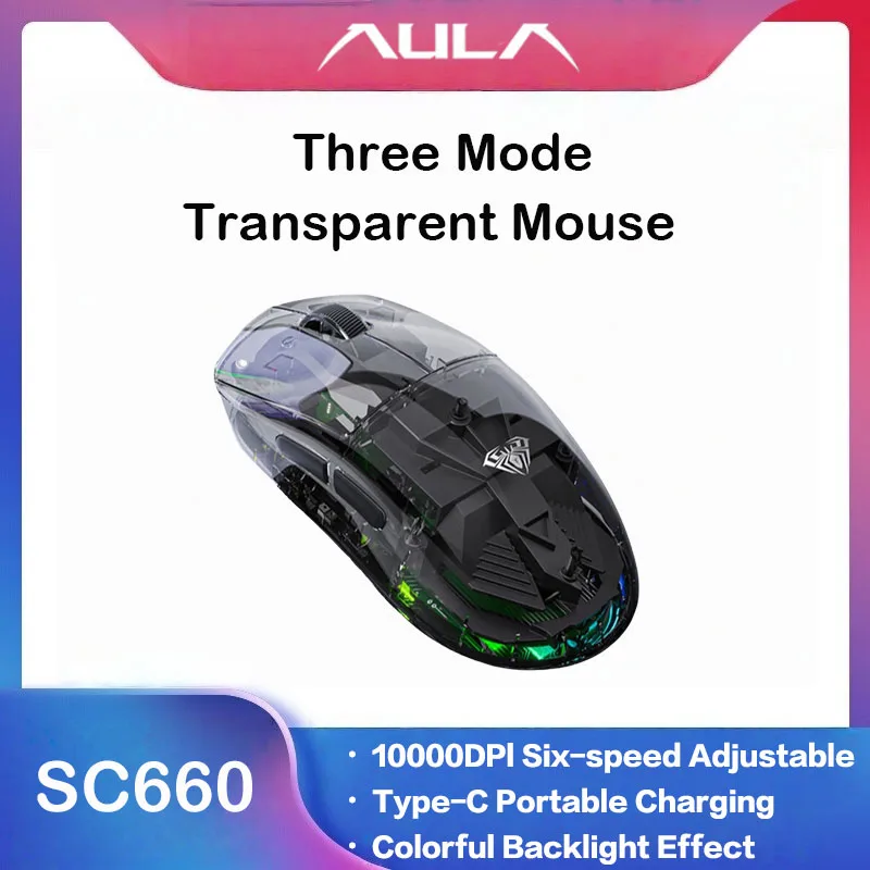 AULA SC660 Wireless Bluetooth Mouse E-sports Mouse Three-Mode Connection Lightweight Mouse Type-C Charging Game Office Girls Boy