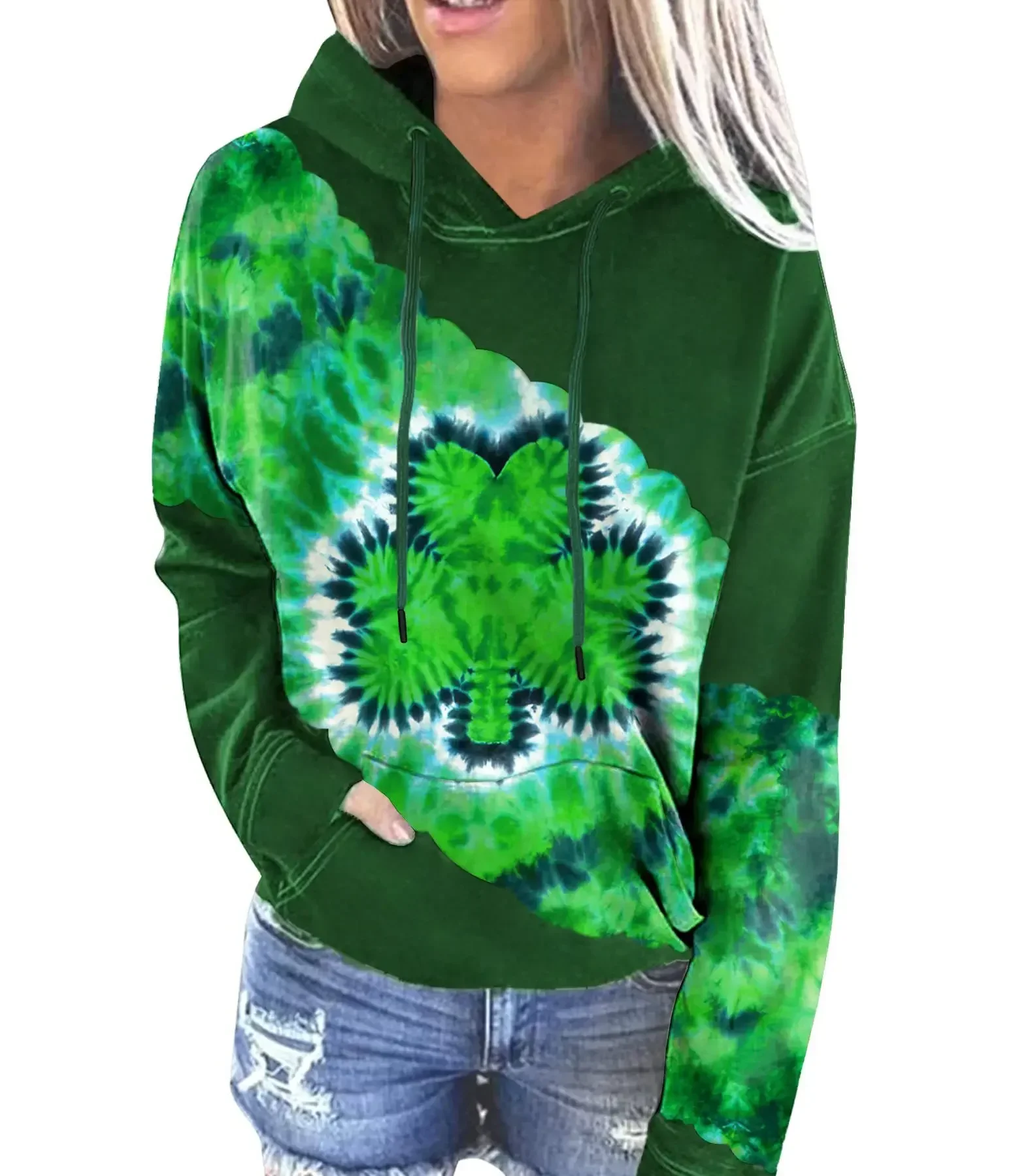 Sudadera con capucha de trébol verde para mujer, sudadera informal de manga larga, jersey de trébol irlandés, Tops de retazos con estampado de la suerte