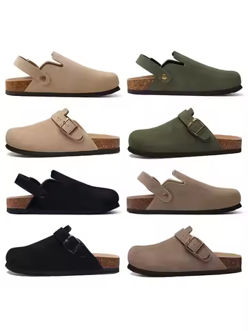 Crestar Women's Suede Clogs Lady Fashion Buckle Leather Mules Comfort Cork Footbed Potato Shoes with Arch Support Beach Sandal