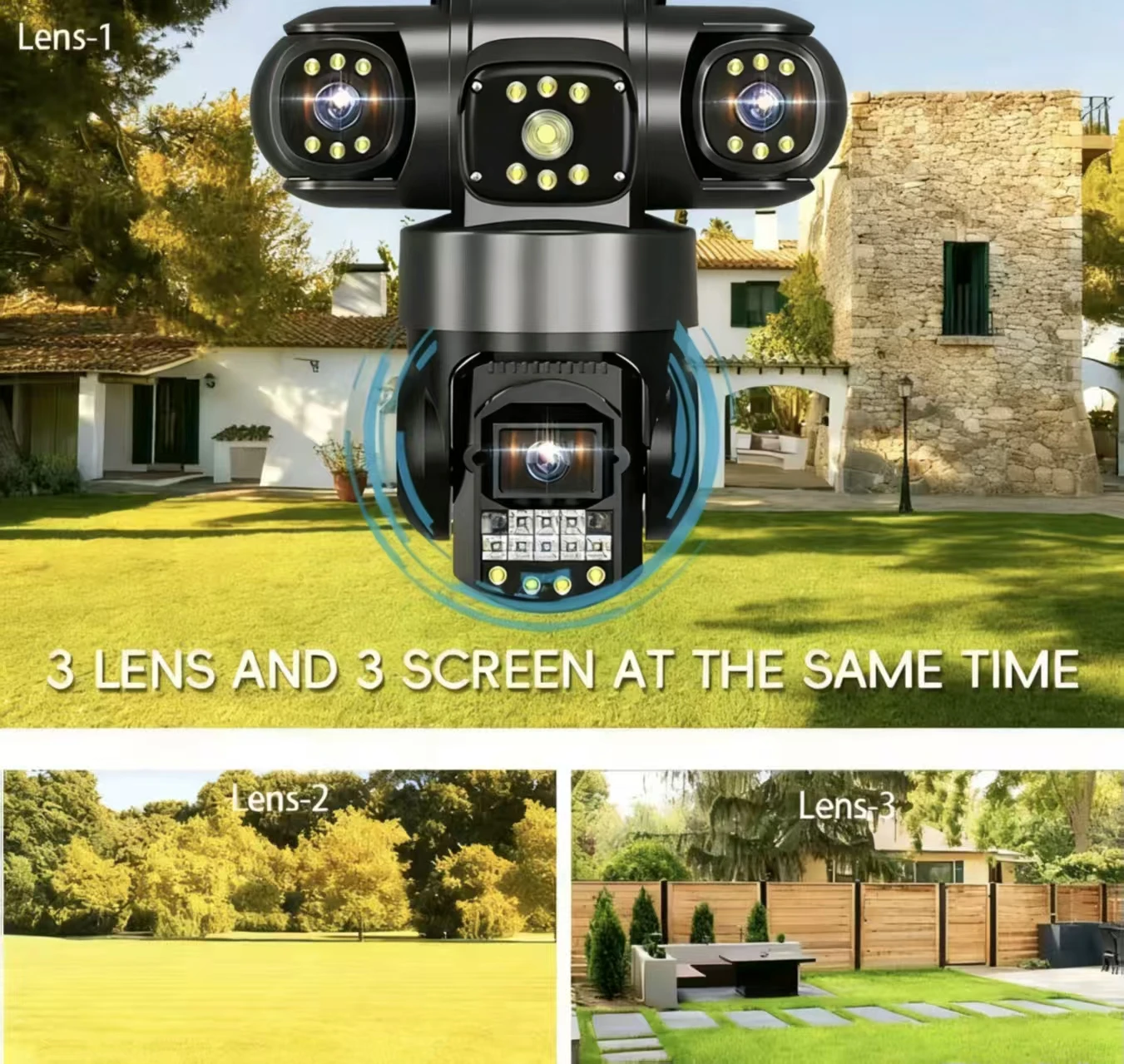 Telecamera WiFi PTZ da 15 MP con tre lenti Tre schermi Visione notturna a colori Telecamera IP di sicurezza esterna Telecamera di sorveglianza CCTV App V380