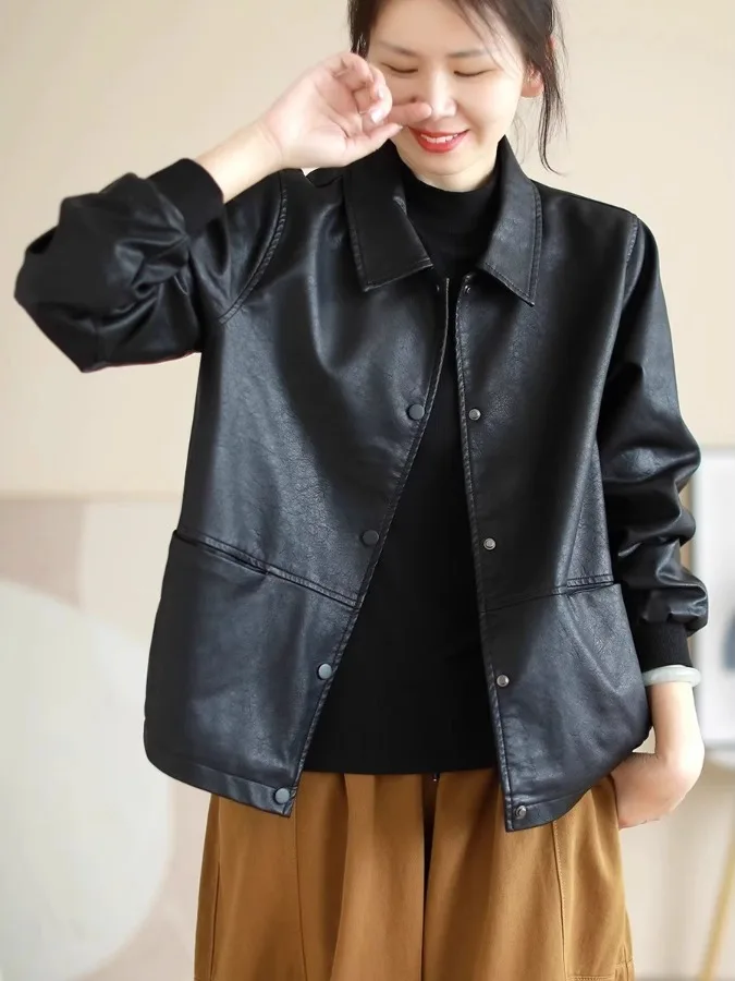 Bla Biker ort معطف Jaet المرأة فضفاضة كبيرة الحجم الراقية يشعر بولي Leather الجلود Jaet الوقوف طوق ملابس خارجية غير رسمية
