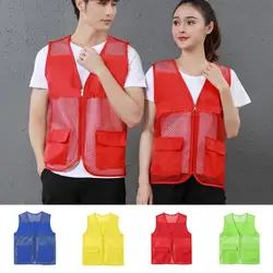 Fishing Vest Hollow Out Zipper Placket Vest Coat Double Pockets V-neck Work Vest Volunteer Bright Color Loose Unisex Waistcoat