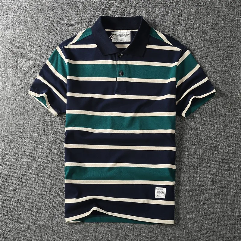 Heavy cotton May Khaki vintage color contrast lapel striped polo shirt short sleeve T-shirt men fashion