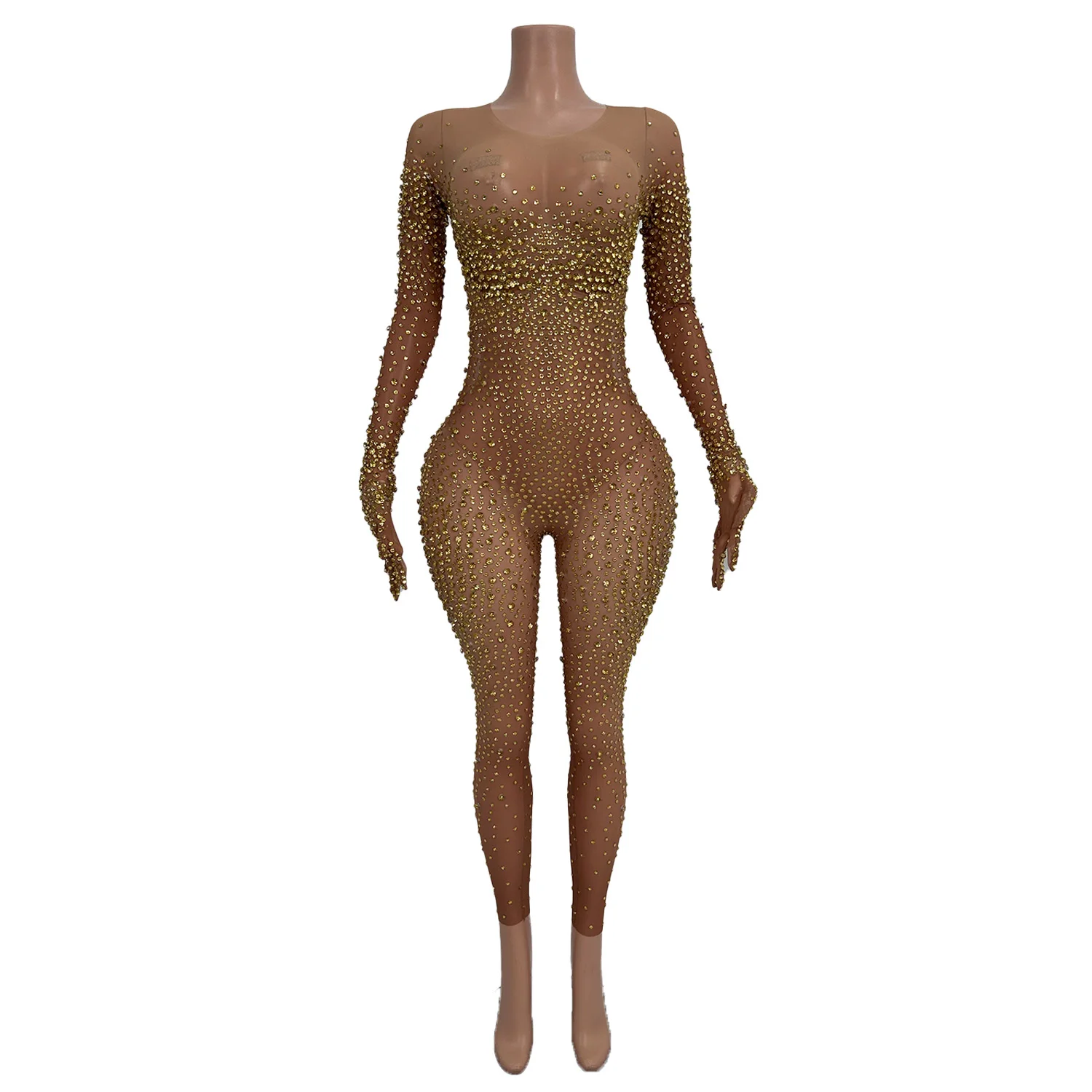 Vrouwen Mesh Strakke Sexy Volledige Gouden Diamant Lange Mouw Jumpsuit Acrobatische Ringen Bar Nachtclub DS Party Podiumkostuums Tiaotiaotang