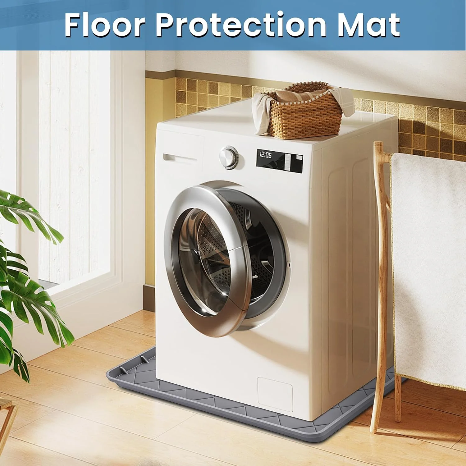 Multi-Function Silicone Washer Mat, Washer Fridge Floor Protector, Pet Litter Organizer, Gray Diamond Waterproof Mat.