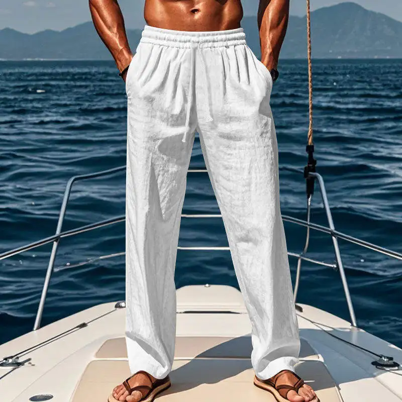 Pantalones deportivos casuales de algodón y lino para hombre, pantalones de playa de verano holgados y transpirables de corte recto.