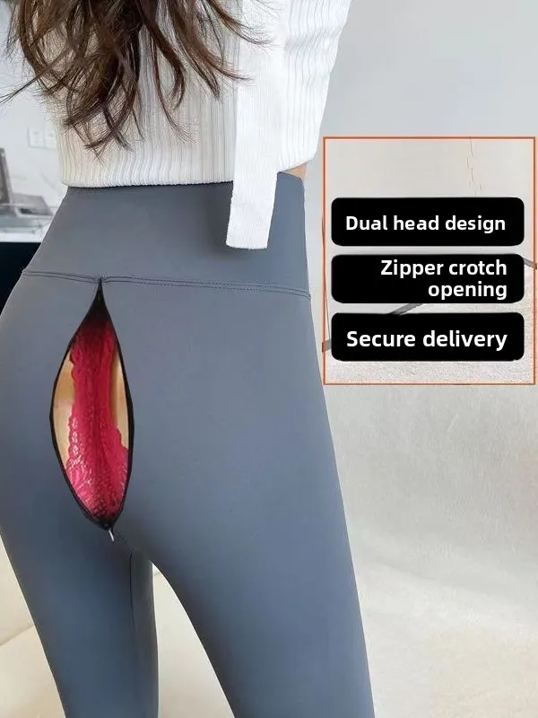 High-Waist Invisible Zipper Yoga Sports Tight Pants No-Need-to-Remove Comfortable Fitness Sharkskin Trousers for Outdoor Acti...