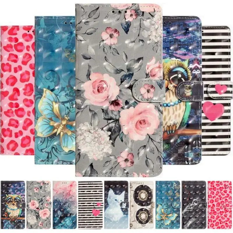 

Pop Cute Owl Cat Print Flip Phone Case For Huawei P50 P40 P30 P20 Pro P10 Plus P9 P8 Lite 2017 Wallet Card Holder Protect Cover