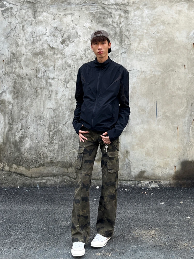 

Bootcut Deconstructed Heavyweight Dark Camouflage Micro Flare Pants American Hip Hop Casual Pants Multi Pocket 3D Trim Waist