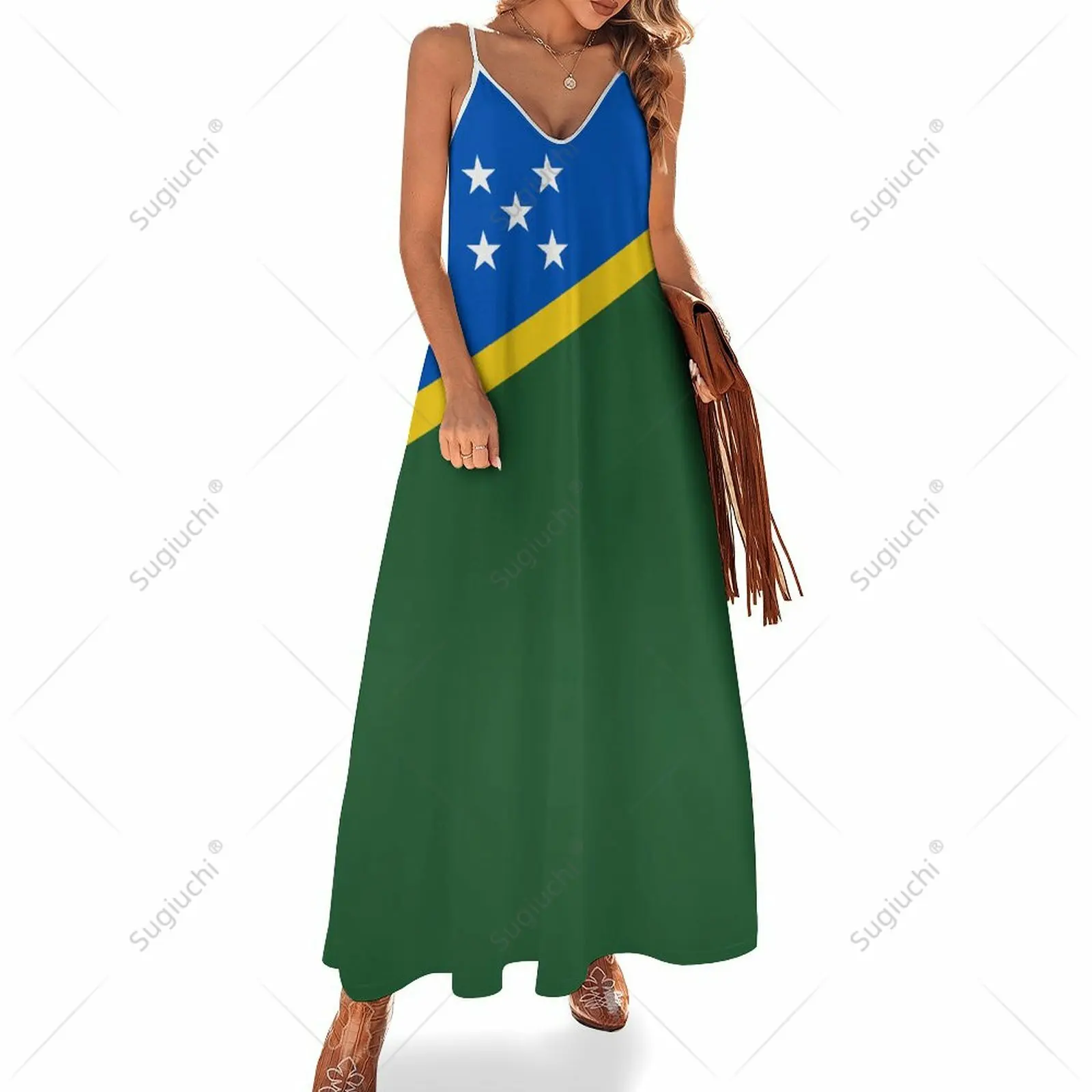 Long Dresses Dress Solomon Islands Flag Print New Casual Sleeveless Women's V-Neck Printed Dress Swing Retro Dresses