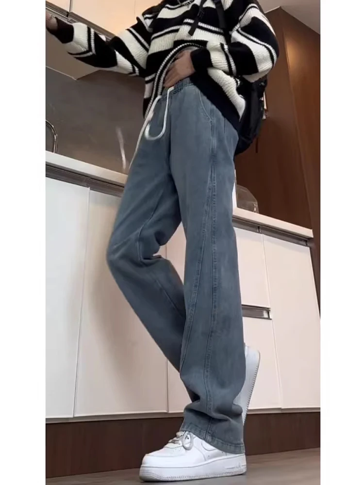 

Мужские джинсы прямого кроя в стиле ретро, синие, эластичные, удлиненные, для высоких мужчин, весенние, зауженные, слегка расклешенные, длинные брюки, повседневные, модные