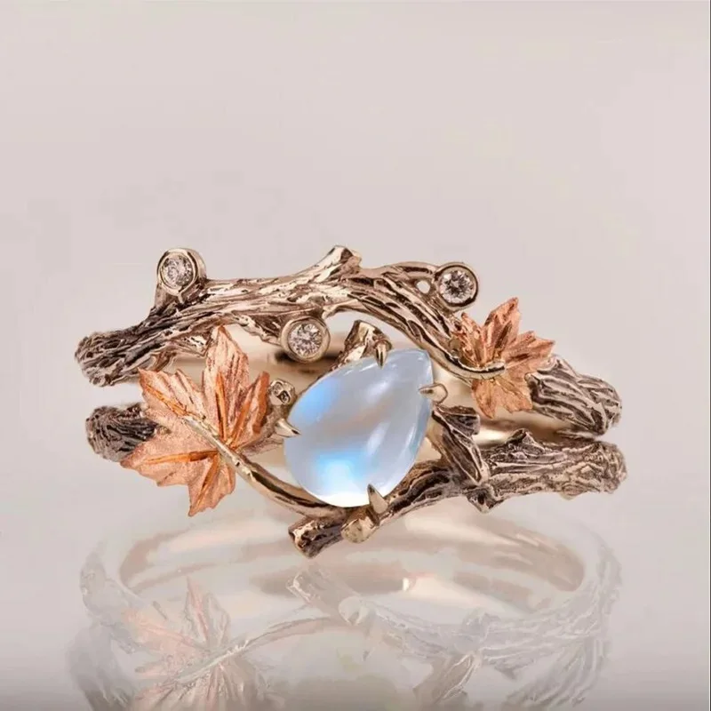 Vintage Antique Gold Twig Maple Leaf Moonstone Ring For Women Girls Light Luxury Ring Jewelry Accessories Anniversary Gifts