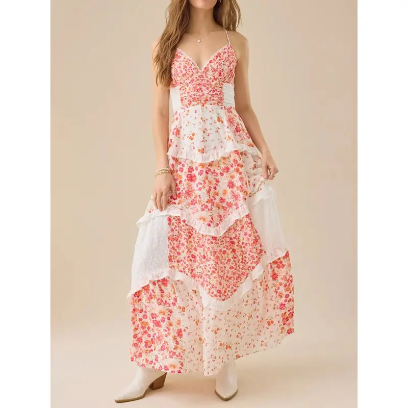 Combhasaki 여성 여름 조절 가능한 크로스 스트랩 백리스 V 넥 플라워 프린트 셔링 허리 비치웨어 프릴 a 라인 캐미 롱 드레스