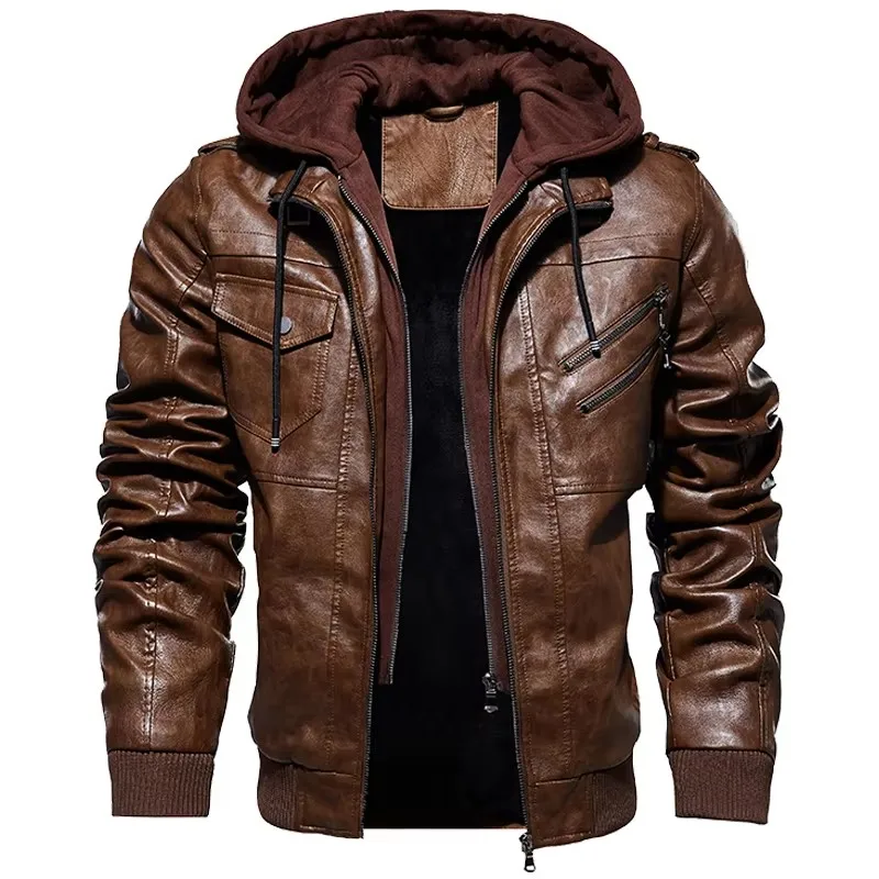 Men's Winter Leather Jackets and Coats Autumn Fashion Motorcycle Biker Leather Jacket Slim Fit Oblique Hooded Jacket