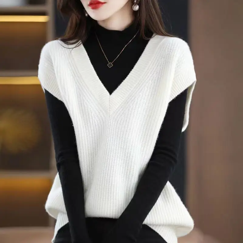 

Imitation Wool Knitted Vest Spring Autumn 2023 New Sweaters Women's V-neck Solid Casual Loose Pullover Knitted Leisure Coat V3