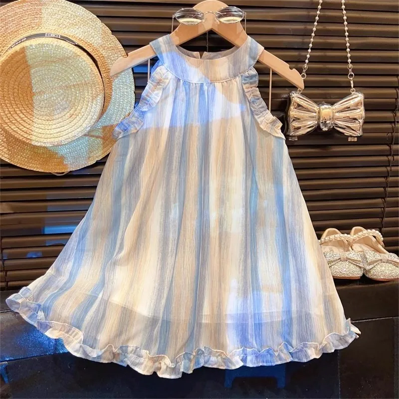 

Foreign style 2025 summer new Korean version of girls tie-dye sleeveless fungus skirt dress girls beautiful princess dress