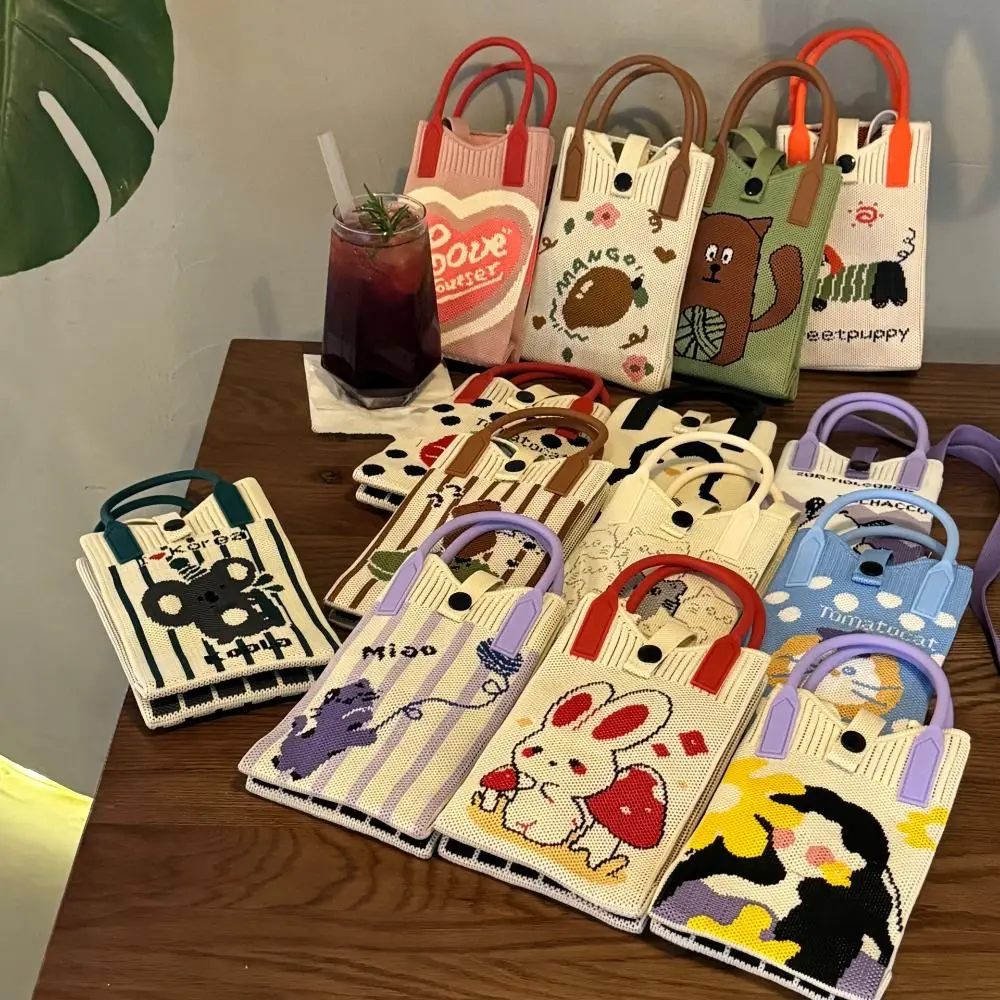 

Модная вязаная сумка для телефона из полиэстера, корейская версия, мини-сумка через плечо, вязаная сумка-клатч с мультяшным принтом