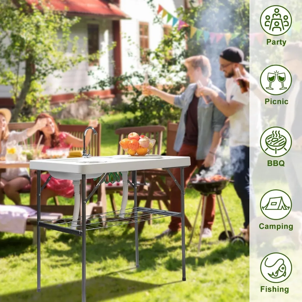 Folding Fish Cleaning Table With 2 Sink, Outdoor Portable Camping Table With Grid Rack & Sprayer, Cutting Table With Drai