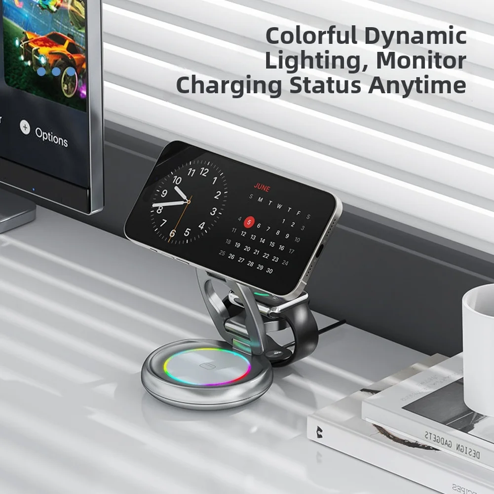 

15W 3-in-1 Foldable Wireless Charger With Dynamic For IPhone Watch And Earbuds Adjustable Stand Gray