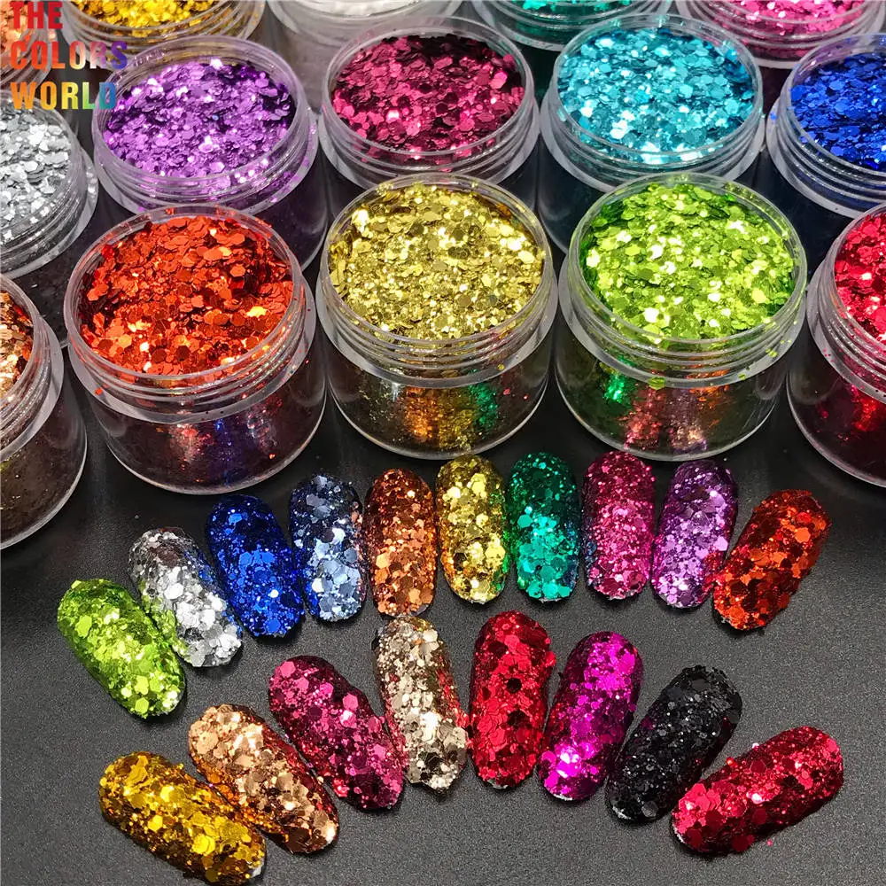 TCT-193 sześciokątny kształt masywny metaliczny połysk kolor paznokci Glitter paznokci ozdoby do paznokci DIY tatuaże do ciała makijaż FacePainting instrukcja DIY