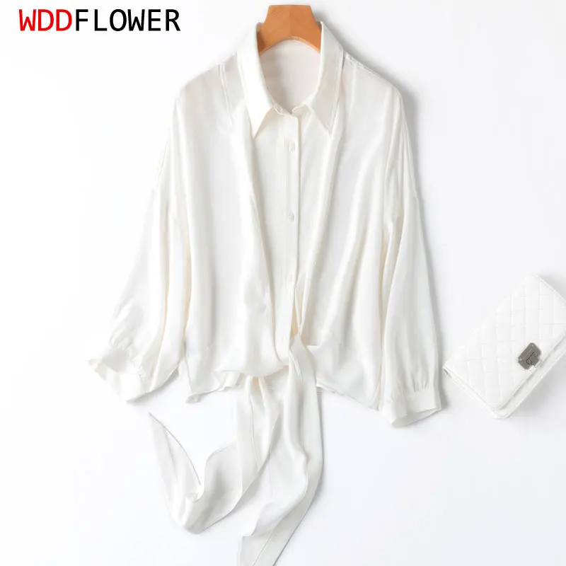 Women Silk Shirt 100% Mulberry Crepe Silk Solid White Lantern Sleeve Bow-tie Bottom Loose Type Top Blouse Office Lady Work MM898