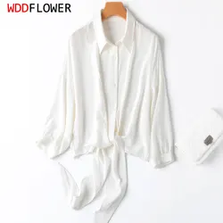 Women Silk Shirt 100% Mulberry Crepe Silk Solid White Lantern Sleeve Bow-tie Bottom Loose Type Top Blouse Office Lady Work MM898