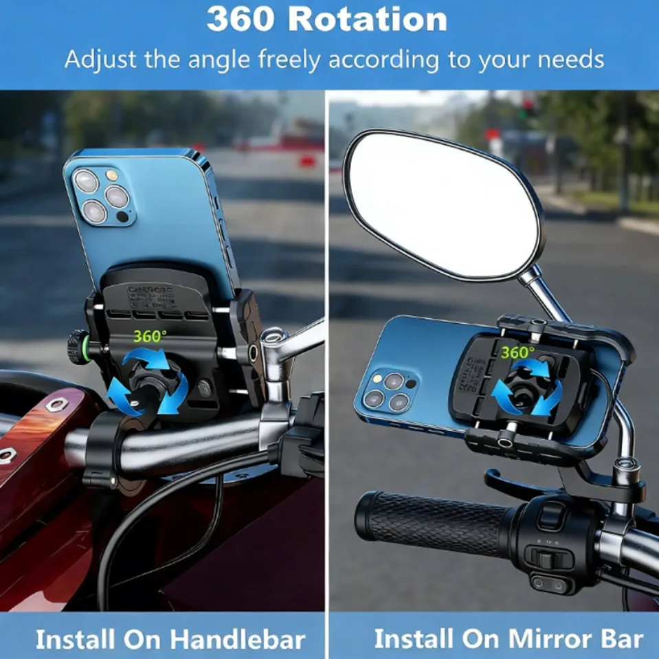 

Беспроводное зарядное устройство для мотоцикла 15 Вт с креплением для телефона, поворот на 360° ° Вращающийся держатель для телефона с защитой от тряски для мотоциклов и велосипедов