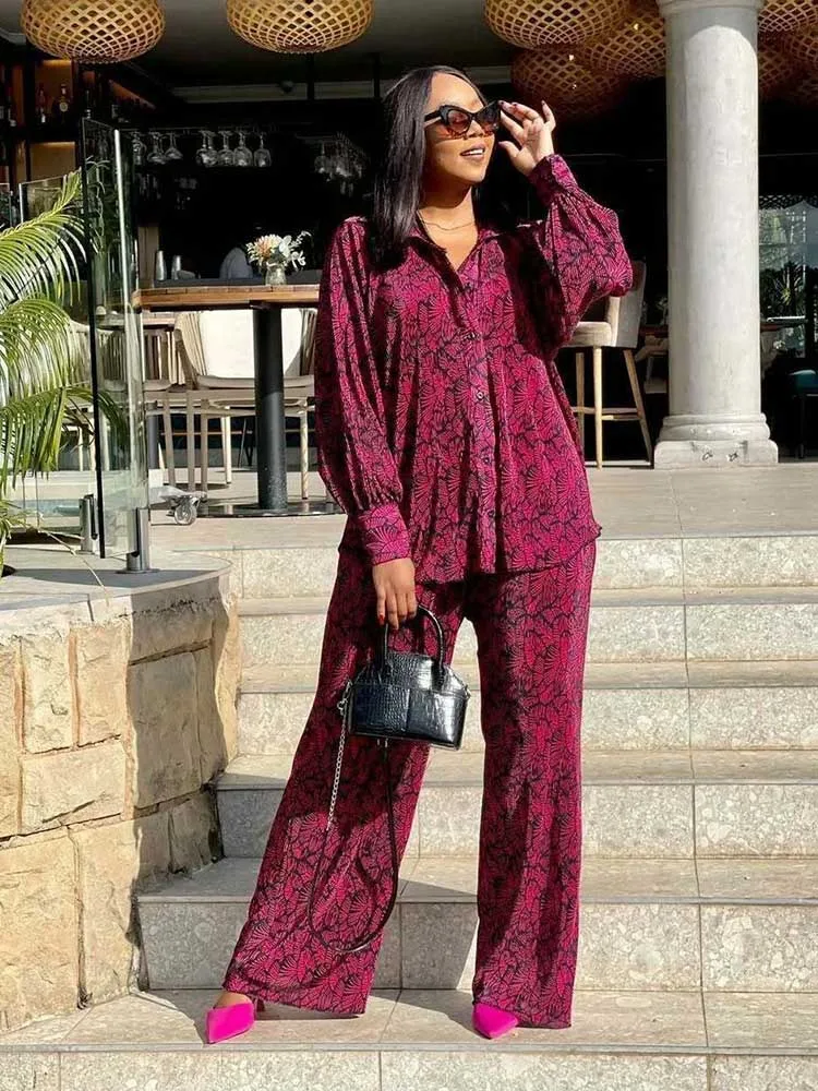 Casual Vacation Outfits Woman Spring Summer Printed Loose Fit Shirt Matching Ladies Pants Set African Fashion Women Clothes view 5