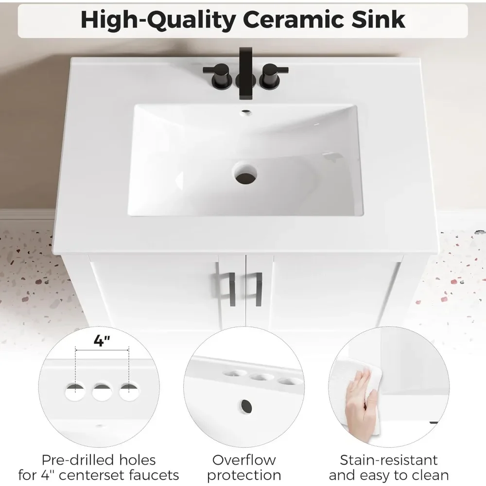 30インチのバスルームキャビネット、シンクとソフトクローズドア、小さなバスルーム用の収納引き出し付き、アンダーマウントセラミックシンク、簡単な組み立て