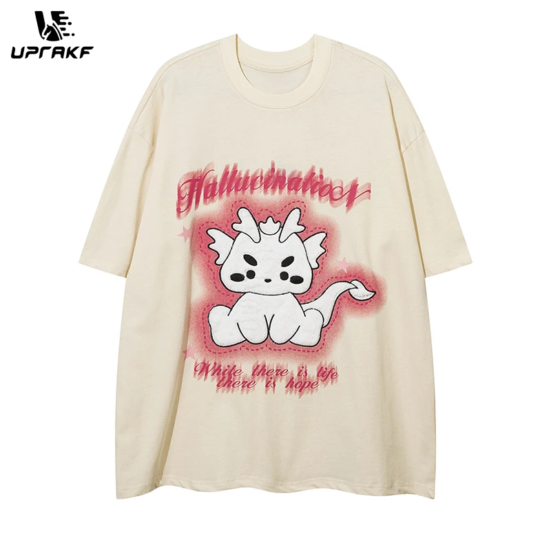 

UPRAKF Streetwear Cartoon Dragon Print Crew Neck Short Sleeve Summer Fashion Tee Simple Loose Cotton Casual