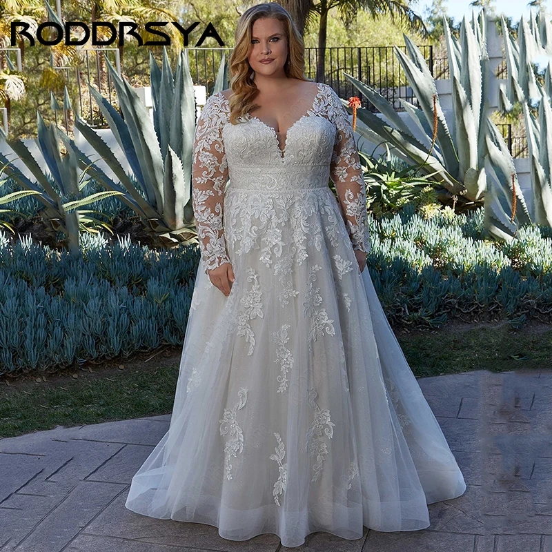 Roddrsya Elegante Trouwjurken Voor Vrouw Plus Size Lange Mouwen Applique Bruid Jurken A-Lijn V-Hals Tule Vestidos De Novia