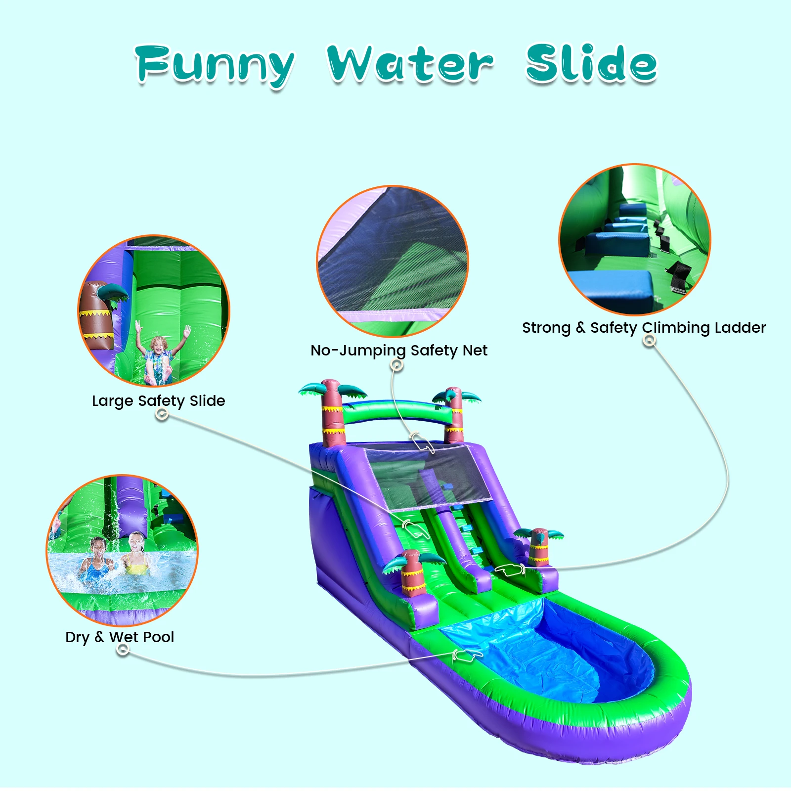 Aire de jeux pour enfants toboggan gonflable, maison de rebond commerciale avec toboggan aquatique en PVC et souffleur d'air de 1100 W 21 pieds/6,4 M