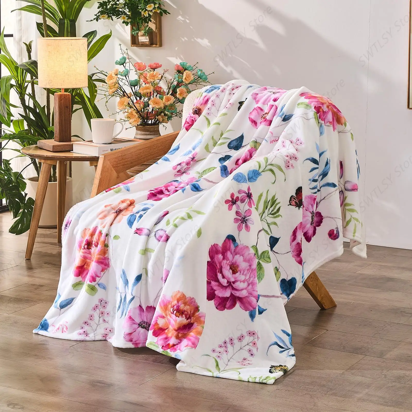

Watercolor Floral Throw Blanket Birthday Gift for Women Mom Girls Peony Flowers Blanket Summer Wildflower Flannel Blanket