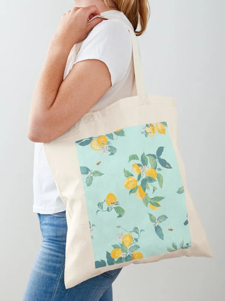 Watercolor Sicily lemons with leaves on aqua Tote Bag tote bag woman Customizable tote bag large size bags shopping trolley