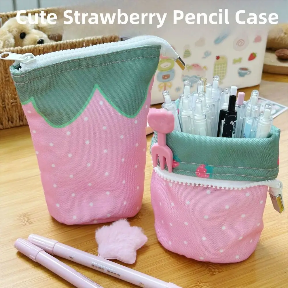 

New Strawberry Pen Bag Cylindrical Stand Up Foldable Pencil Holder Gift Large Capacity Stationery Bag Students Supplies