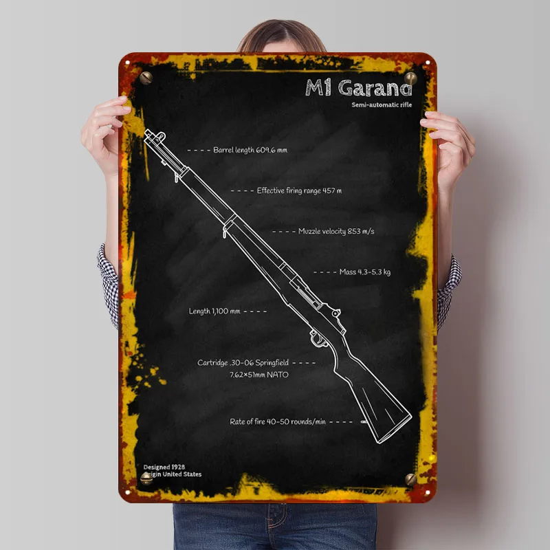 M1 Garand Rifle Blueprint carteles de Metal, cartel de plan, decoración de garaje, imágenes de sala de estar, artículos de decoración de pared, cafetería