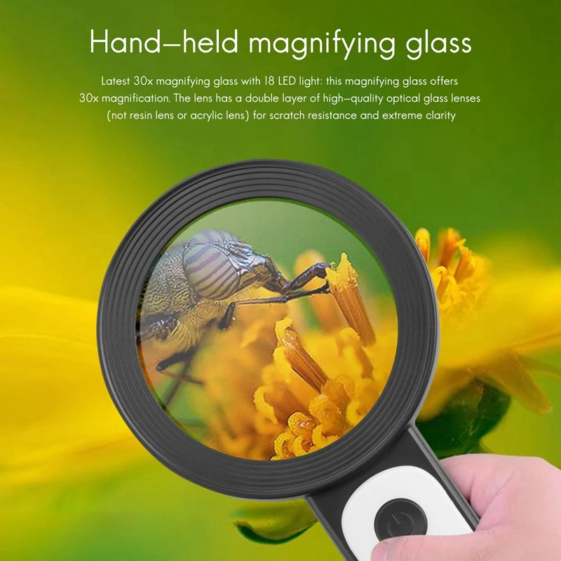 Magnifier With 18 Led Light -30X Hand Magnifier Reading Magnifier,High Clarity & Lightweight Magnifier With Light