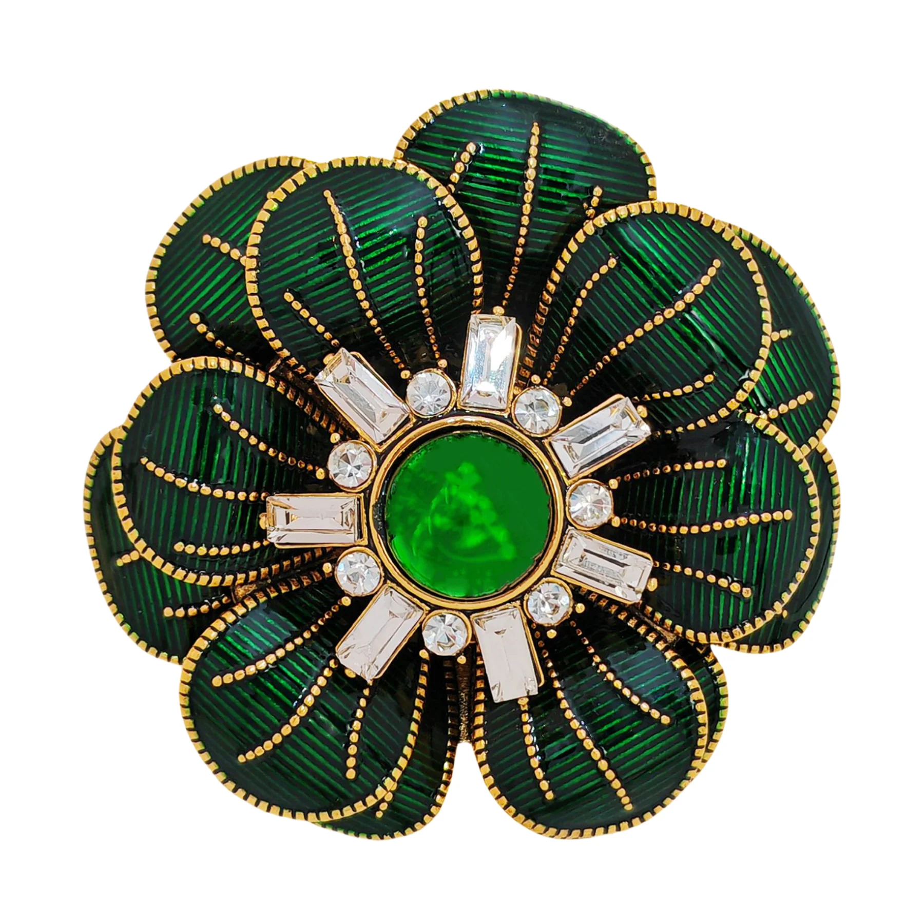 

Impressive Two-tiered Green Enamel Flower Brooch with Gold Detail