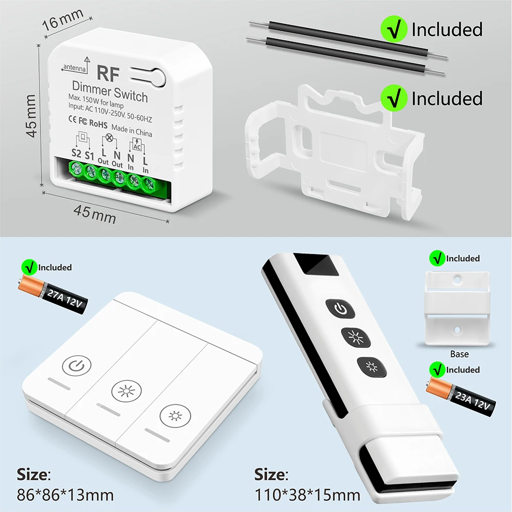 433mhz Wireless Dimmer Light Switch AC 110V 220V 230V Dimmable Switch Remote Control Module for 10~150W LED Bulb Halogen Dimming