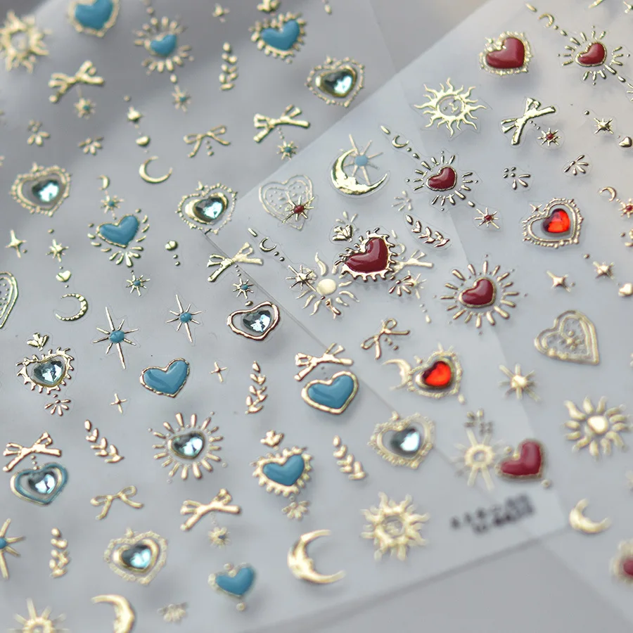 Gold Totem Red Heart Nail Art Stickers Aurora Holographic Star Moon Butterfly 5D Self Adhesive Nail Art RhinestoneS Stickers DIY