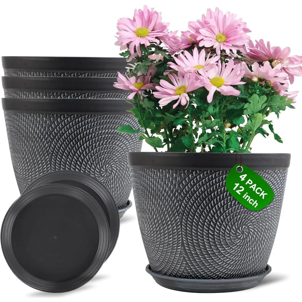 

Large 12 Inch Plant Pot with Drainage Hole & Saucer, Modern Decorative Garden Container for Indoor Outdoor Plants, 4 Pack Gray
