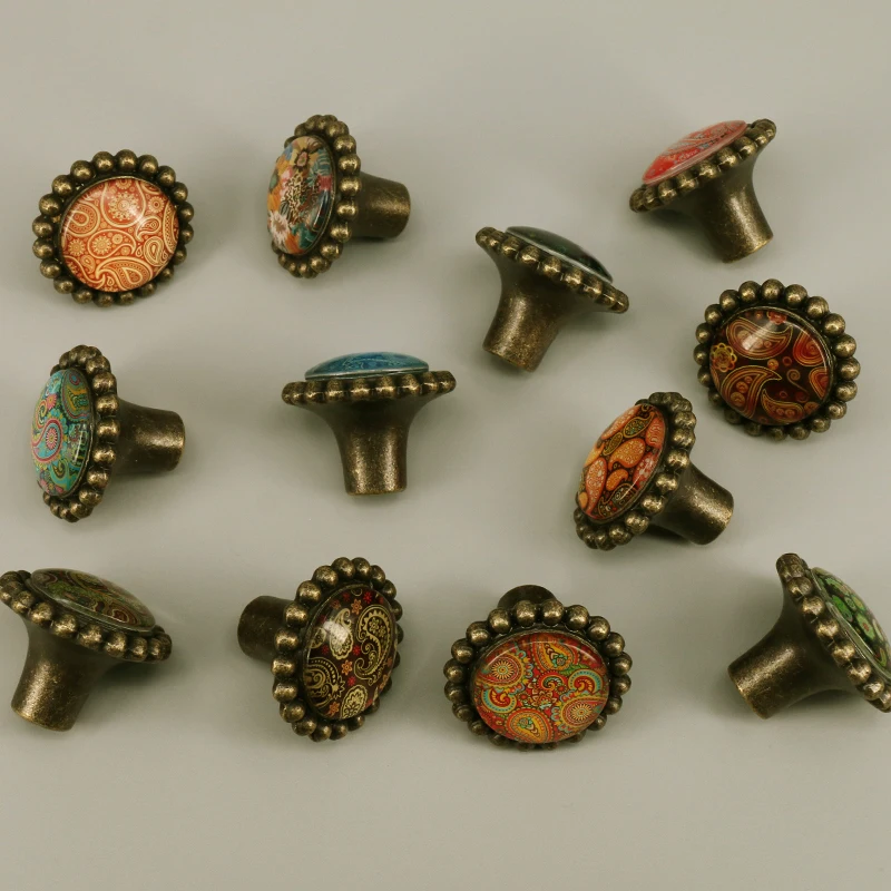 1x 42mm Vintage bronze drawer shoe cabinet knobs pulls Colorful glass crystal kitchen cabinet cupboard door handles