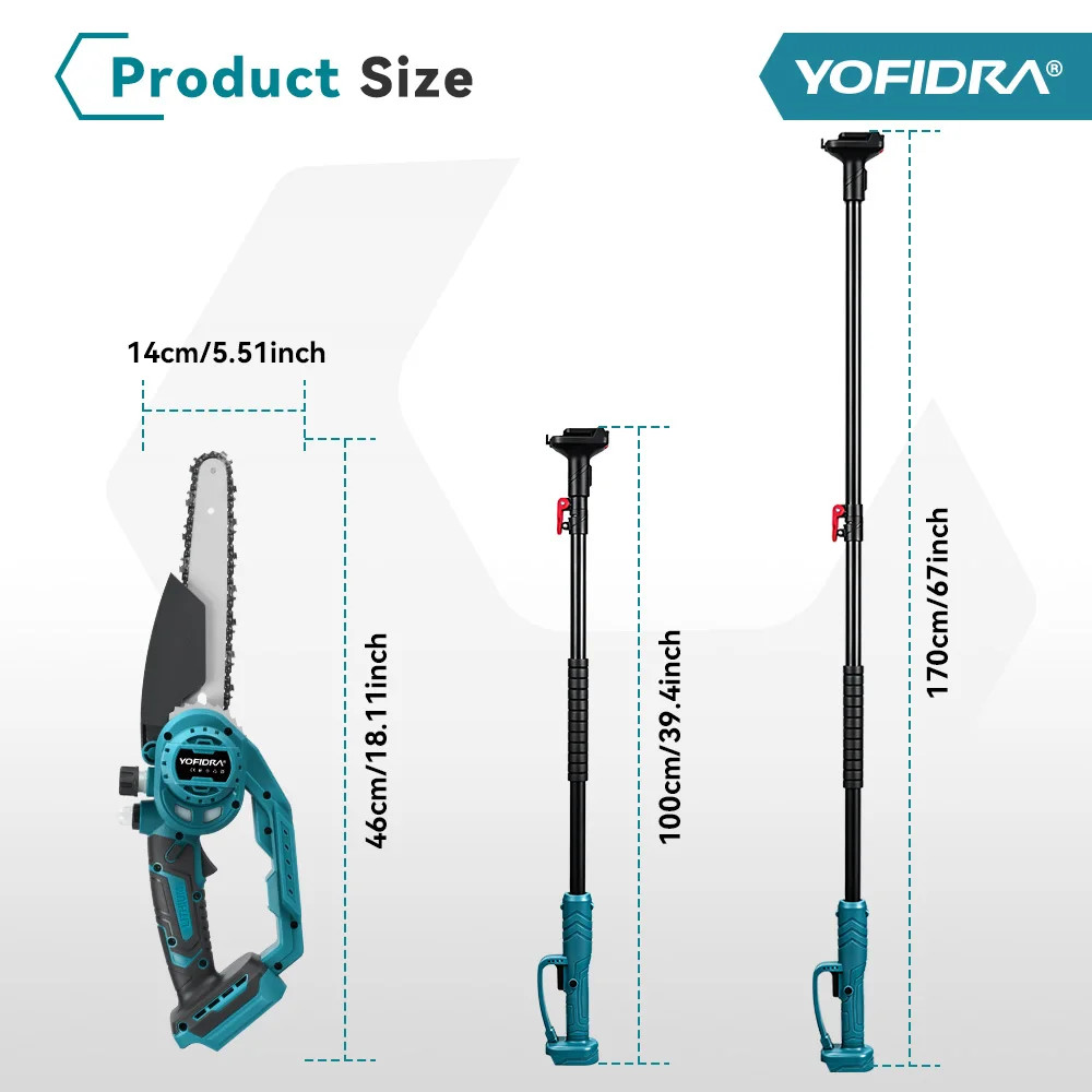 YOFIDRA 8 Inch Brushless Telescoping Pole Electric Chainsaw High Branch Saw Garden Pruning Power Tool For Makita 18V Battery Pin