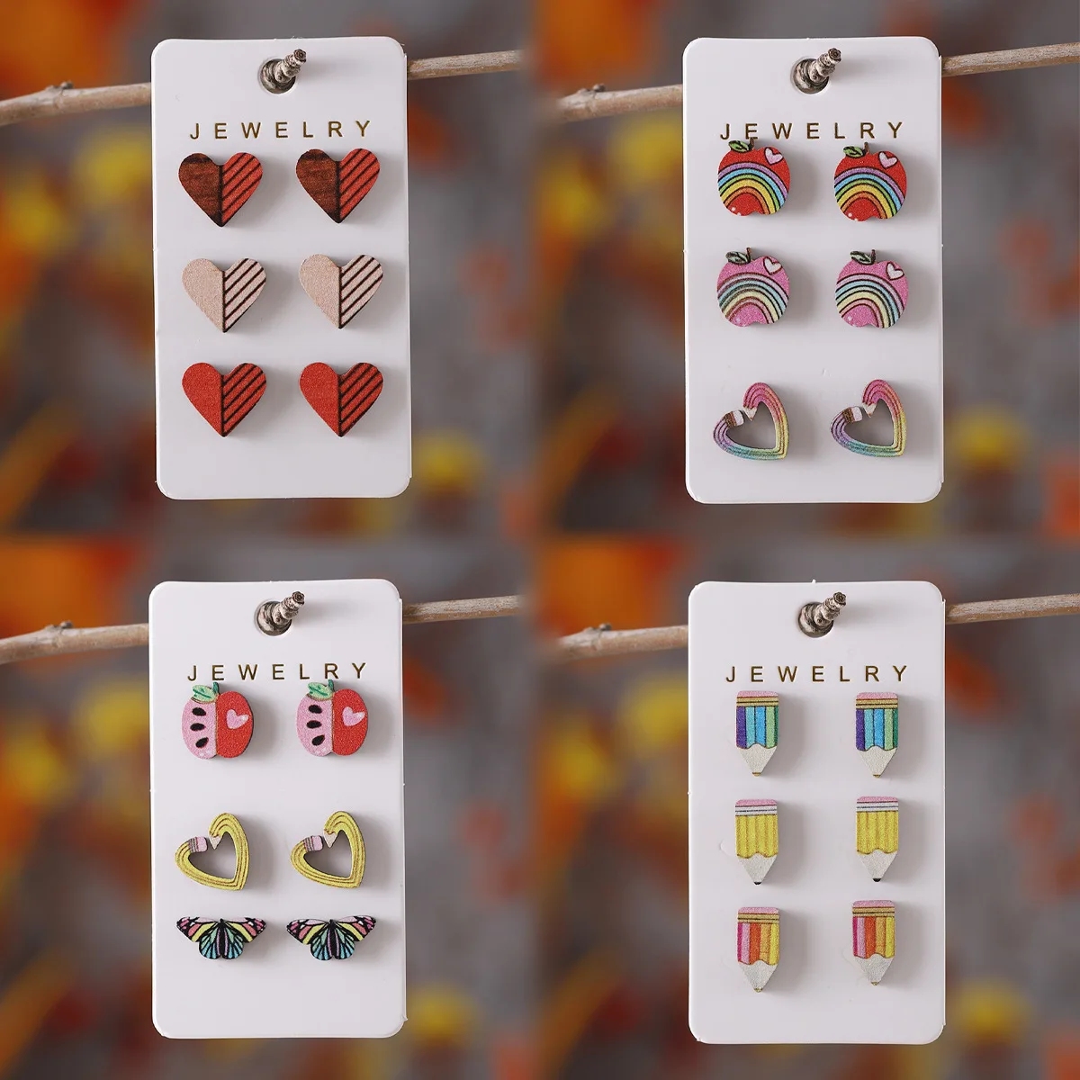 Wholesale Jewelry for Resale 2026 Cute Back to School Teach Pencil Apple Love Wooden Stud Earrings Collection Women Jewelry