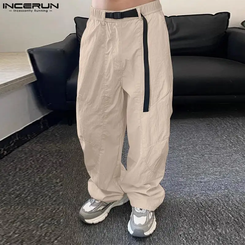 INCERUN 2024 Korean Style Trousers Fashion New Men's Loose Straight Leg Long Pants Casual Streetwear Solid Cargo Pantalons S-5XL