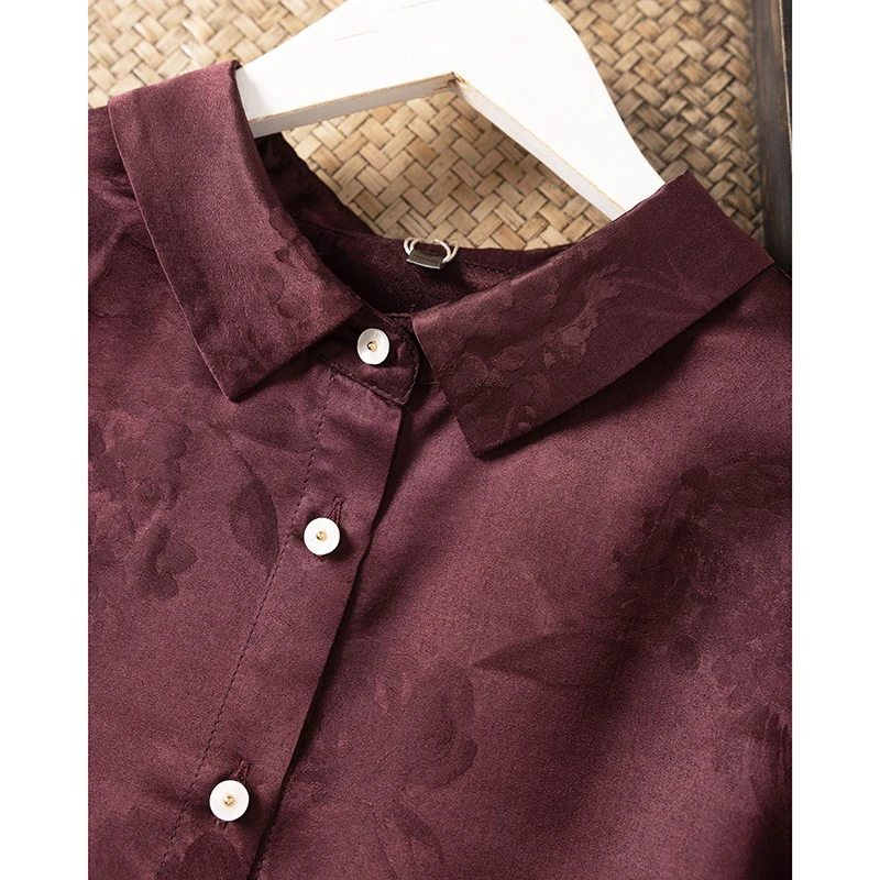 2024 Autumn New Sauce Purple Peony Jacquard 100% Natural Mulberry Silk Square Neck Skin Friendly Versatile Long Sleeve Shirt